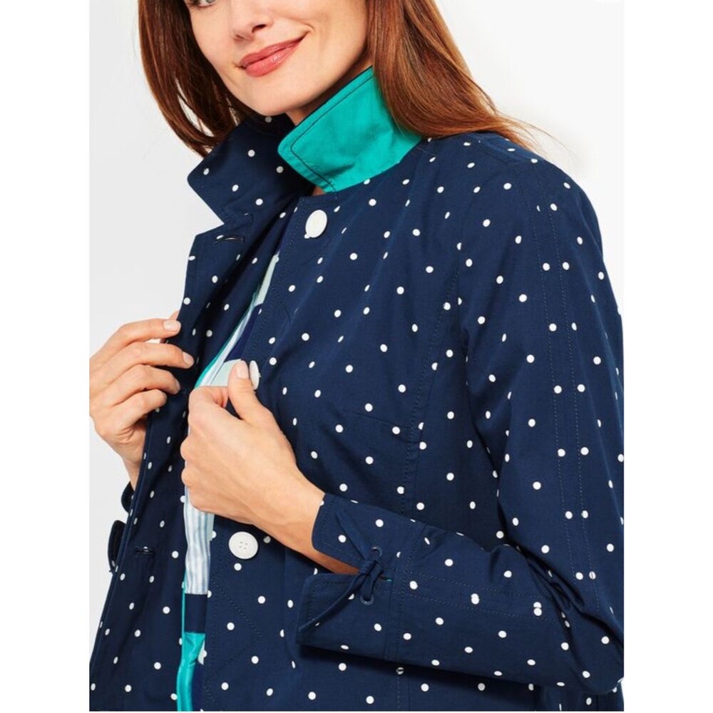 Talbots DOT-PRINT COTTON MAC Navy White Polka Dot Coat trench Womens 12 EUC cute - Picture 3 of 14